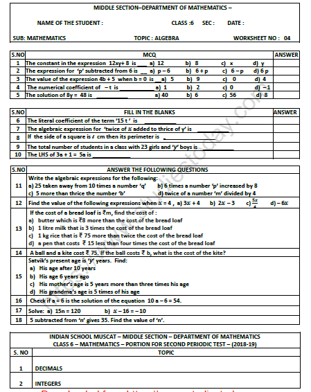CBSE Class 6 Mathematics Algebra Worksheet